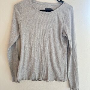 Anthropologie Light Gray Ribbed Long Sleeve Top Lettuce Hem